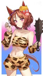 Rule 34 | 1girl, animal ears, animal print, bare shoulders, border, breasts, brown hair, commentary request, cowboy shot, crop top, detached sleeves, ear ornament, flower-shaped pupils, gradient background, highres, holding club, horse ears, horse girl, horse tail, leopard print, looking at viewer, mask, medium breasts, oni mask, orange shorts, pink eyes, sakura laurel (oni laurel) (umamusume), sakura laurel (umamusume), short hair, shorts, solo, solokitsune, symbol-shaped pupils, tail, umamusume, umamusume: star blossom, white border