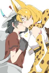 Rule 34 | !, 10s, 2girls, animal ears, backpack, bag, bare shoulders, black gloves, black hair, blonde hair, blush, bow, bowtie, breasts, couple, elbow gloves, extra ears, closed eyes, female focus, gloves, hands on own chest, hat, hat feather, highres, kemono friends, kiss, looking at another, medium breasts, multiple girls, neck, print bow, print bowtie, print gloves, print neckwear, print skirt, red shirt, serval print, serval tail, shirt, short hair, short sleeves, simple background, skirt, sleeveless, star (symbol), surprised, sweat, tail, takeshima eku, white background, white shirt, yellow eyes, yuri