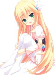 Rule 34 | 1girl, :d, absurdres, blonde hair, blush, detached sleeves, dress, fang, frilled dress, frilled sleeves, frills, from side, full body, green eyes, hair between eyes, hair ornament, hands on own leg, head tilt, highres, iris milla serpettane, knees up, long hair, looking at viewer, looking to the side, minatsuki kou, no shoes, open mouth, pantyhose, pink dress, puffy short sleeves, puffy sleeves, short sleeves, simple background, sitting, smile, solo, very long hair, white background, white pantyhose, zettai saikyou oppai sensou!!