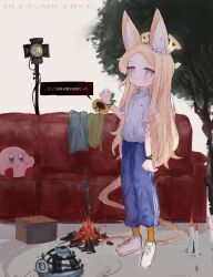 Rule 34 | 1girl, alternate costume, animal ear fluff, animal ears, blonde hair, blue archive, blue pants, bonfire (dark souls), candle, closed mouth, couch, crossover, dark souls (series), full body, halo, highres, kirby, kirby (series), long hair, mario (series), nintendo, orange socks, pants, pink eyes, reitoubeef, seia (blue archive), shirt, shoes, simple background, socks, standing, super mario bros. wonder, tail, talking flower (mario), track pants, translation request, tree, very long hair, white footwear