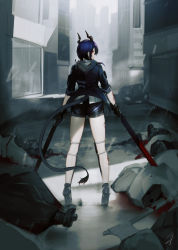 Rule 34 | 1girl, arknights, black gloves, black shorts, blood, blood on arm, blood on leg, blue hair, bodies, building, ch&#039;en (arknights), city, cityscape, dragon horns, dragon tail, dual wielding, from behind, gloves, hayabusa, high heels, highres, holding, holding sword, holding weapon, horns, looking back, multiple swords, outdoors, rain, red eyes, road, shin guards, short shorts, shorts, standing, street, sword, tail, thighs, weapon