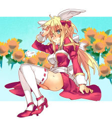 Rule 34 | 1girl, puff of air, arutopian, blonde hair, blue eyes, blush, bow, breasts, commentary request, cross, dress, flower, full body, hair between eyes, hair bow, head wings, high heels, high priest (ragnarok online), invisible chair, juliet sleeves, long hair, long sleeves, looking afar, medium breasts, one eye closed, open mouth, ponytail, puffy sleeves, ragnarok online, red bow, red dress, red footwear, ribbon-trimmed sleeves, ribbon trim, sash, sitting, solo, sunflower, sweat, thighhighs, two-tone dress, white bow, white dress, white sash, white thighhighs, white wings, wings, yellow flower