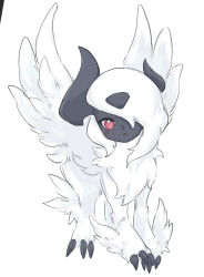 Rule 34 | absol, animal focus, blush, claws, creatures (company), feathered wings, full body, game freak, gen 3 pokemon, hair over one eye, looking at viewer, mega absol, mega pokemon, neck fur, nintendo, no humans, one eye covered, open mouth, pokemon, pokemon (creature), red eyes, short hair, simple background, sok (mr14 c), solo, standing, white background, white hair, white theme, white wings, wings