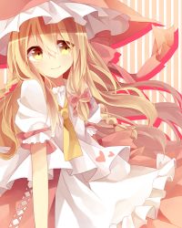 Rule 34 | 1girl, adapted costume, apron, ascot, bad id, bad pixiv id, bell, blonde hair, braid, hair bell, hair ornament, hat, heart, hetayusa, highres, kirisame marisa, long hair, looking at viewer, puffy sleeves, shirt, short sleeves, skirt, smile, solo, striped, striped background, touhou, vertical stripes, very long hair, waist apron, yellow eyes