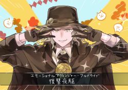 Rule 34 | 03glxa, 1boy, cape, double v, edmond dantes (fate), emotional engine - full drive, fate/grand order, fate (series), fedora, formal, gloves, hair over one eye, hands up, hat, long hair, long sleeves, looking at viewer, male focus, open mouth, parody, smile, solo, sparkle, star (symbol), suit, v, wavy hair, white hair, yellow eyes