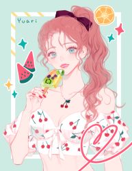 Rule 34 | 1girl, artist name, blue eyes, brown hair, cherry, commentary, cropped shirt, food, fruit, heart, holding, holding food, jewelry, looking at viewer, nail polish, necklace, off-shoulder shirt, off shoulder, original, parted lips, ponytail, popsicle, print shirt, red nails, shirt, smile, solo, sparkle, symbol-only commentary, yuari kim