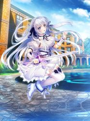 Rule 34 | 1girl, black ribbon, blue ribbon, blue sky, boots, braid, cloud, crown braid, day, detached collar, dress shirt, floating hair, full body, game cg, hair between eyes, hair ribbon, highres, holding, holding sword, holding weapon, jumping, long hair, looking at viewer, miniskirt, neck ribbon, open mouth, outdoors, purple eyes, ribbon, senkou no clarias, shelly linestad, shirt, skirt, sky, solo, suzuhira hiro, sword, thighhighs, very long hair, weapon, white footwear, white hair, white shirt, white skirt, white thighhighs
