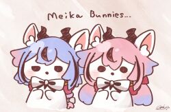 Rule 34 | animal ears, animalization, black hair, blue hair, bow, bowtie, braid, braided ponytail, chiru0106, copyright request, cropped torso, english text, gradient hair, horns, jitome, long hair, low twintails, meika hime, meika mikoto, multicolored hair, pink hair, rabbit, rabbit ears, side-by-side, signature, solid circle eyes, streaked hair, twintails, vocaloid, white bow, white bowtie