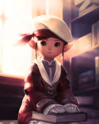 Rule 34 | 1girl, warrior of light (ff14), blue eyes, book, bookshelf, brown hair, casondra logan, closed mouth, commission, day, earrings, final fantasy, final fantasy xiv, freckles, gloves, hat, highres, indoors, jewelry, lalafell, looking at viewer, pointy ears, short hair, signature, sitting, solo, thighhighs, twitter username, watermark, web address, wings