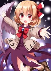 Rule 34 | 1girl, blonde hair, boots, cosplay, feathered wings, highres, kishin sagume, kishin sagume (cosplay), one-hour drawing challenge, outstretched arms, purple skirt, red eyes, rumia, ruu (tksymkw), short hair, single wing, skirt, solo, spread arms, touhou, white wings, wings