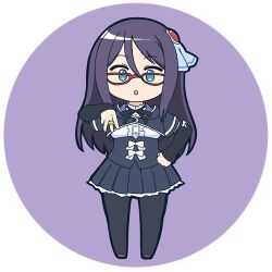 Rule 34 | 1girl, :o, assault lily, black hair, black pantyhose, black ribbon, black skirt, blue eyes, blue ribbon, bow, brown footwear, buttons, center frills, chibi, commentary request, cropped jacket, detached sleeves, frilled shirt, frills, full body, gem, gem hair ornament, glasses, hair between eyes, hair ribbon, hand on own hip, hand up, hood, hood down, jewelry, long hair, long sleeves, looking at viewer, lowres, masaki itsuki, mashima moyu, miniskirt, neck ribbon, pantyhose, parted lips, pleated skirt, purple background, red-framed eyewear, red gemstone, ribbon, ring, round image, school uniform, shirt, shoes, short sleeves, sign language, simple background, skirt, sleeve bow, sleeves past wrists, solo, standing, transparent background, underbust, w, white bow, white shirt, yurigaoka girls academy school uniform