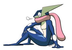 Rule 34 | arm support, arm up, artist name, creatures (company), dakkpasserida, closed eyes, feet, frog, from side, full body, game freak, nintendo, no humans, pokemon, pokemon (creature), scarf, sigh, signature, sitting, solo, tail, text focus, tongue, tongue out, transparent background