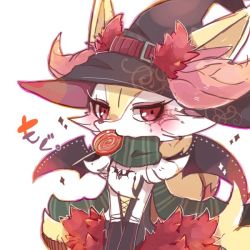 Rule 34 | 1girl, animal ears, artist request, bat wings, blush, braixen, candy, creatures (company), food, food focus, fox ears, furry, furry female, game freak, gen 6 pokemon, green scarf, halloween, halloween costume, hat, jewelry, lollipop, looking at viewer, necklace, nintendo, no humans, pokemon, pokemon (creature), pokemon xy, red eyes, scarf, simple background, solo, text focus, translation request, white background, wings, witch hat