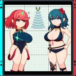 Rule 34 | 2girls, animated, bikini, black one-piece swimsuit, blue eyes, blue hair, boss galaga, bouncing breasts, breasts, byleth (female) (fire emblem), byleth (female) (summer) (fire emblem), byleth (fire emblem), chest jewel, competition swimsuit, dagger, earrings, fire emblem, fire emblem: three houses, fire emblem heroes, galaga, gem, hair ornament, headpiece, jewelry, joy-con, knife, large breasts, long hair, looping animation, medium hair, multiple girls, navel, nintendo, nintendo switch, official alternate costume, one-piece swimsuit, pyra (pro swimmer) (xenoblade), pyra (xenoblade), raccoon (potesara), red eyes, red hair, short hair, super smash bros., swept bangs, swimsuit, tiara, video, weapon, xenoblade chronicles (series), xenoblade chronicles 2