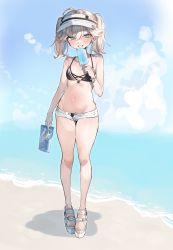 Rule 34 | 1girl, absurdres, ahoge, bad id, bad pixiv id, beach, bikini, black bikini, blonde hair, cloud, day, ear piercing, flat chest, food, full body, funyo (masa), grin, hair between eyes, highres, holding, long hair, looking at viewer, lowleg, micro shorts, multi-strapped bikini, navel, ocean, open clothes, open shorts, original, outdoors, piercing, platform footwear, popsicle, safety pin, sandals, shorts, sky, smile, solo, standing, stomach, sweat, swimsuit, teeth, twintails, visor cap, white footwear, white shorts