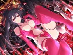 Rule 34 | 1girl, asymmetrical wings, bikini, bishop (chess), black hair, board game, breasts, chess, chess piece, choker, cleavage, clothing cutout, collarbone, crossover, demon wings, detached sleeves, flower, hair ribbon, high school dxd, himejima akeno, indoors, knee up, knight (chess), large breasts, licking lips, lingerie, long hair, looking at viewer, mismatched wings, navel, navel cutout, on floor, panties, pink bikini, pink thighhighs, ponytail, presenting, purple eyes, ribbon, rook (chess), rose, shirt, sidelocks, sitting, smile, solo, swimsuit, thigh strap, thighhighs, thighs, tongue, tongue out, underwear, very long hair, white shirt, wings, yaegashi nan