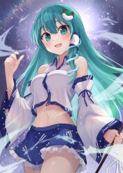 Rule 34 | 1girl, absurdres, bare shoulders, blue skirt, blush, breasts, commentary, cowboy shot, crop top, detached sleeves, fingernails, frilled skirt, frills, frog hair ornament, green eyes, green hair, hair between eyes, hair ornament, hair tubes, highres, holding, japanese clothes, kochiya sanae, long hair, looking at viewer, medium breasts, midriff, miniskirt, navel, nontraditional miko, open mouth, ramie (ramie541), revision, skirt, smile, snake hair ornament, solo, stomach, thighs, touhou, white sleeves, wide sleeves