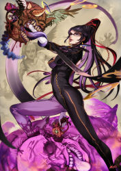 Rule 34 | 1girl, artist name, bayonetta, bayonetta (series), black bodysuit, black hair, blood, bodysuit, breasts, commentary request, glasses, gold trim, gun, hair ornament, halo, hand up, high heels, high ponytail, highres, holding, holding gun, holding weapon, horns, long hair, miyo (13th floor), mole, mole under mouth, monster, multicolored hair, open mouth, parted lips, purple hair, red lips, solo, teeth, tongue, two-tone hair, weapon, wings