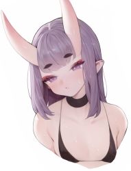 Rule 34 | 1girl, absurdres, blush, cropped torso, fate/grand order, fate (series), flat chest, highres, horns, oni, parted lips, pointy ears, purple eyes, purple hair, rabbit (wlsdnjs950), short hair, shuten douji (fate), skin-covered horns, solo, sweat