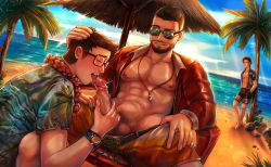 Rule 34 | 3boys, abs, aqua shirt, bandaid, bandaid on face, bara, bare pectorals, beach, beard, belt, black hair, black male swimwear, black swim trunks, blush, closed eyes, cloud, commission, david king (dead by daylight), day, dead by daylight, dessa nya, dwight fairfield, erection, facial hair, fellatio, hand on another&#039;s head, hawaiian shirt, highres, large pectorals, licking, licking penis, male focus, male pubic hair, male swimwear, male swimwear pull, multiple boys, muscular, muscular male, navel, nipples, official alternate costume, open belt, oral, orange male swimwear, orange swim trunks, outdoors, pectorals, penis, print male swimwear, print swim trunks, pubic hair, shirt, short hair, sky, smile, steve harrington, striped, striped male swimwear, striped swim trunks, sunglasses, swim trunks, swim trunks pull, swimsuit, testicles, tongue, tongue out, uncensored, watch, whistle, whistle around neck, wristwatch, yaoi