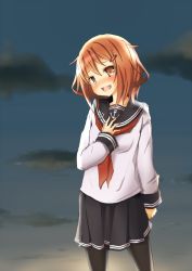 Rule 34 | 10s, 1girl, brown eyes, brown hair, crying, crying with eyes open, ikazuchi (kancolle), kantai collection, looking at viewer, mokichi812, pantyhose, personification, pleated skirt, school uniform, serafuku, skirt, solo, tears, white background