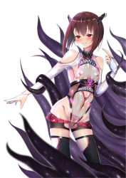 Rule 34 | 1girl, bad id, bad pixiv id, bare shoulders, black thighhighs, blush, breasts, brown hair, clothing cutout, corruption, covered erect nipples, covered navel, dark persona, female focus, grin, groin, hair between eyes, hand up, headgear, highleg, highleg leotard, highres, kantai collection, leotard, long sleeves, nipples, pleated skirt, pubic tattoo, puririn, pussy, red eyes, red skirt, see-through, short hair, shoulder cutout, showgirl skirt, simple background, skirt, small breasts, smile, solo, standing, taihou (kancolle), tattoo, tentacles, thighhighs, third eye, white background