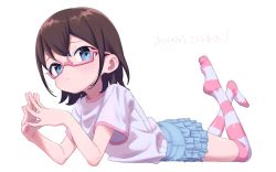 Rule 34 | 1girl, black hair, blue eyes, blue sky, blush, bouen, closed mouth, commission, female focus, glasses, highres, indie virtual youtuber, layered skirt, lying, on stomach, own hands together, pink-framed eyewear, semi-rimless eyewear, shirt, simple background, skirt, sky, solo, striped clothes, striped thighhighs, the pose, thighhighs, white background, white shirt