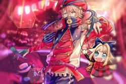Rule 34 | audience, bandaid, bandaid on face, bandaid on nose, belt, blonde hair, doll, green eyes, highres, jacket, long sleeves, looking at viewer, makino chisato, multicolored clothes, multicolored jacket, ookami game (studio wasabi), puppet, puppet strings, purple belt, red background, red headwear, red jacket, shimotsuki yukinari, short hair, white jacket, wolf (ookami game)