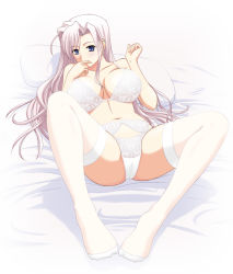 Rule 34 | 1girl, blue eyes, blush, bra, breasts, chagashi, charlotte hazellink, garter belt, huge breasts, lace, large breasts, legs, lingerie, long hair, lying, on back, panties, pink hair, princess lover, satou chagashi, solo, spread legs, thighhighs, underwear, underwear only, white thighhighs