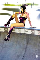 Rule 34 | 1girl, absurdres, black hair, boots, breasts, capcom, choker, cleavage, han juri, high heel boots, high heels, highres, himawari (artist), large breasts, legs, lipstick, makeup, purple eyes, short hair, short twintails, solo, street fighter, street fighter iv (series), tattoo, twintails