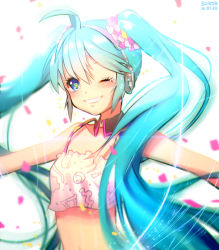 Rule 34 | 10s, 1girl, 2014, ahoge, aqua eyes, aqua hair, artist name, bad id, bad pixiv id, camisole, collar, dated, grin, hatsune miku, headphones, long hair, midriff, one eye closed, outstretched arms, redial (vocaloid), smile, solo, spread arms, sukja, twintails, very long hair, vocaloid, white background