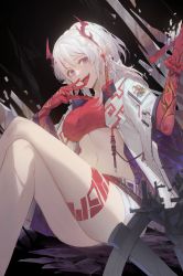 Rule 34 | 1girl, arknights, bare legs, beads, braid, breasts, colored skin, crop top, dragon horns, earrings, highres, horns, jacket, jewelry, kuroduki (pieat), legs, crossed legs, long hair, long sleeves, looking at viewer, medium breasts, midriff, navel, nian (arknights), open clothes, open jacket, open mouth, pointy ears, prayer beads, purple eyes, red jacket, red skin, short shorts, shorts, side braid, silver hair, sitting, solo, stomach, teeth, thigh strap, tongue, tongue out, upper teeth only, v, white shorts, wide sleeves
