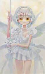 Rule 34 | 1girl, angel, angel wings, blush, breasts, choker, dress, feathered wings, gloves, halo, highres, holding, holding sword, holding weapon, kaede (shijie heping), looking at viewer, multiple wings, oil painting (medium), original, painting (medium), see-through gloves, seraph, short dress, short hair, single glove, small breasts, smile, solo, star (symbol), star halo, straight-on, sword, traditional media, weapon, white choker, white dress, white hair, white wings, wings, yellow eyes