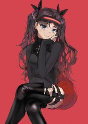 Rule 34 | 1girl, black hair, black thighhighs, blue eyes, blush, breasts, closed mouth, crossed legs, eyewear on head, fate/extra, fate/extra record, fate (series), highres, lempika, long hair, long sleeves, looking at viewer, official alternate costume, pleated skirt, red background, sitting, skirt, smile, thighhighs, thighs, tohsaka rin, two side up