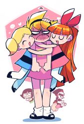 Rule 34 | 2boys, 4girls, :d, absurdly long hair, absurdres, anger vein, angry, belt, billy (grim adventures), black belt, black footwear, blonde hair, blossom (ppg), blue dress, blush, blush stickers, bubbles (ppg), buttercup (ppg), cartoon network, closed eyes, closed mouth, constricted pupils, crossover, dress, embarrassed, closed eyes, full-face blush, girl sandwich, green dress, grim (grim adventures), headpat, height difference, highres, hood, hood up, hug, jitome, long hair, looking at viewer, mandy (grim adventures), multiple boys, multiple girls, open mouth, orange hair, pantyhose, pink dress, pink shirt, powerpuff girls, rariatto (ganguri), sandwiched, shirt, shoes, skeleton, skull, smile, socks, tall, the grim adventures of billy &amp; mandy, twintails, u u, very long hair, white legwear