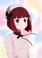 1girl absurdres arima_kana black_bow black_collar blush bob_cut bow closed_mouth collar gradient_background hat highres nark0nix oshi_no_ko pink_bag red_eyes red_hair short_hair