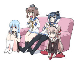 Rule 34 | &gt;:, &gt;:/, 10s, 4girls, :/, :d, amatsukaze (kancolle), black hair, black socks, blue eyes, blue hair, blush, boots, brown eyes, brown hair, brown skirt, cellphone, choker, clenched hands, collarbone, collared shirt, couch, cup, disposable cup, dress, drink, drinking, drinking straw, eyebrows, full body, hair tubes, hatsukaze (kancolle), headgear, holding, holding phone, indian style, kantai collection, kneehighs, long hair, long sleeves, multicolored hair, multiple girls, neckerchief, necktie, open mouth, pantyhose, phone, red legwear, sailor dress, shirt, simple background, sitting, skirt, smartphone, smile, socks, thick eyebrows, thigh boots, thighhighs, tokitsukaze (kancolle), tonmoh, two-tone hair, two side up, v-shaped eyebrows, very long hair, vest, white background, white hair, white legwear, white shirt, wing collar, yellow necktie, yukikaze (kancolle)