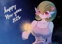 Rule 34 | 1girl, 2023, arm at side, artist name, bare shoulders, blue background, blush, bob cut, breasts, buttons, closed mouth, clothed pokemon, collarbone, colored skin, creatures (company), edna faline, embers, female focus, fireworks, flower, game freak, gardevoir, gen 3 pokemon, gradient background, green hair, hair flower, hair ornament, hand up, happy, happy new year, highres, holding, holding fireworks, holding sparkler, large breasts, looking at viewer, new year, nintendo, pokemon, pokemon (creature), red eyes, red flower, shirt, short hair, simple background, sleeveless, sleeveless shirt, smile, solo, sparkler, split mouth, twitter username, upper body, watermark, white shirt, white skin