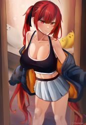 Rule 34 | 1girl, alternate costume, artist name, azur lane, bare shoulders, bedroom, black shirt, blue jacket, blush, breasts, choister, cleavage, closed mouth, clothes pull, collarbone, door, feet out of frame, hair ribbon, highres, honolulu (azur lane), jacket, jacket pull, lips, long hair, looking at viewer, manjuu (azur lane), medium breasts, navel, open clothes, open door, open jacket, red eyes, red hair, ribbon, room, shirt, skirt, solo, standing, twintails, very long hair, white skirt