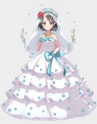 Rule 34 | 1girl, bare arms, bare shoulders, black hair, blush, bridal veil, dress, earrings, gloves, ich., idolmaster, idolmaster cinderella girls, jewelry, layered dress, looking at viewer, necklace, sasaki chie, short hair, simple background, sleeveless, sleeveless dress, smile, solo, veil, wedding dress, white background, white dress, white gloves
