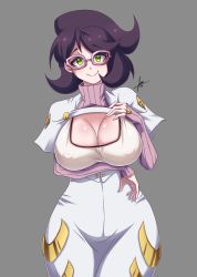 Rule 34 | 1girl, absurdres, breast hold, breasts, buttons, capelet, cleavage, closed mouth, covered erect nipples, cowboy shot, creatures (company), curvy, game freak, glasses, green eyes, grey background, hand on own chest, high-waist skirt, highres, large breasts, long sleeves, looking at viewer, nintendo, open hand, pink-framed eyewear, pink sweater, pokemon, pokemon sm, purple hair, ribbed sweater, short hair, simple background, skin tight, skirt, smile, solo, sweater, taut clothes, thick eyebrows, tobyllitos, turtleneck, turtleneck sweater, white capelet, white skirt, wicke (pokemon), wide hips