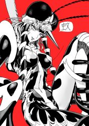 Rule 34 | 1girl, antennae, arthropod girl, bad id, bad pixiv id, bob (kishou-shu), breasts, bug, derivative work, highres, horns, insect, insect wings, large breasts, monochrome, monster girl, mosquito, mosquito girl, mosquito musume, nude, official style, one-punch man, personification, single horn, solo, wings