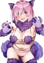 Rule 34 | 1girl, absurdres, animal ears, bare shoulders, blush, bow, breasts, cleavage, elbow gloves, fate/grand order, fate (series), fur-trimmed gloves, fur-trimmed legwear, fur collar, fur trim, gloves, hair over one eye, highres, lace, lace-trimmed legwear, lace trim, large breasts, len (hand linke), light purple hair, looking at viewer, mash kyrielight, mash kyrielight (dangerous beast), navel, o-ring, official alternate costume, open mouth, purple eyes, purple gloves, purple legwear, revealing clothes, short hair, smile, solo, tail, wolf ears, wolf tail