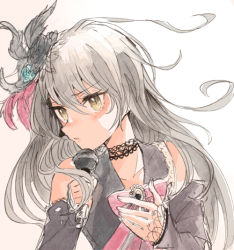 Rule 34 | 1girl, bang dream!, black feathers, choker, detached sleeves, dress, feather hair ornament, feathers, flower, grey hair, hair flower, hair ornament, itomugi-kun, long hair, looking at viewer, microphone, minato yukina, neck ribbon, red feathers, ribbon, solo, upper body, yellow eyes
