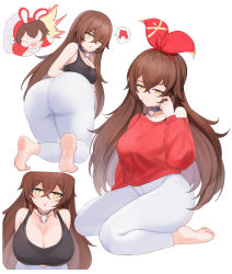 Rule 34 | absurdres, amber (genshin impact), ass, baron bunny (genshin impact), breasts, brown hair, cleavage, collar, genshin impact, highres, large breasts, looking at viewer, looking back, mature female, aged up, red sweater, riba, simple background, soles, sports bra, sweater, white background, yellow eyes
