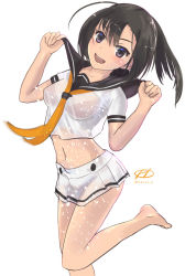 Rule 34 | 10s, 1girl, akizuki (kancolle), barefoot, black hair, blue eyes, blush, bra, crop top, crop top overhang, haruto (harut n), holding, holding clothes, kantai collection, long hair, looking at viewer, midriff, motion blur, navel, necktie, open mouth, pleated skirt, ponytail, red bra, school uniform, see-through, serafuku, shirt, simple background, skirt, smile, solo, underwear, wet, wet clothes, wet shirt