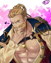 Rule 34 | 1boy, abs, absurdres, bara, beard, bergamond (crave saga), blonde hair, blue eyes, chest belt, chest hair, chest harness, clenched teeth, collarbone, crave saga, eyebrow cut, facial hair, hand on own chin, harness, heart, heart background, highres, jacket, jacket on shoulders, jewelry, large pectorals, long hair, looking at viewer, male focus, mature male, muscular, muscular male, mustache, one eye closed, open clothes, pectorals, pon tarami, ponytail, ring, solo, sparkle, stroking own chin, teeth, thick eyebrows, thick mustache, wink heart