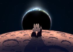 Rule 34 | absurdres, animal ears, avogado6, black jacket, dawn, earth (planet), heads together, highres, jacket, long sleeves, moon, original, planet, pointing, rabbit ears, rabbit tail, shadow, shirt, short hair, sitting, space, star (sky), tail, white fur, white hair, white shirt