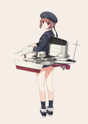 Rule 34 | 10s, 1girl, blunt bangs, brown eyes, brown hair, clothes writing, dress, from behind, hakui ami, hat, highres, kantai collection, looking at viewer, machinery, personification, sailor collar, sailor dress, sailor hat, short hair, simple background, solo, z3 max schultz (kancolle)