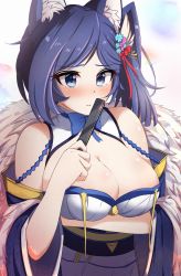 Rule 34 | 1girl, absurdres, animal ear fluff, animal ears, azur lane, blue eyes, blue hair, blue ribbon, breast hold, breasts, cleavage, detached collar, embarrassed, folded fan, folding fan, fox ears, fox tail, fur scarf, gradient background, hand fan, hanehituzi4410, highres, holding, holding fan, japanese clothes, jintsuu (azur lane), large breasts, long hair, obi, open mouth, ribbon, sash, solo, tail, torn clothes, upper body, white background, wide sleeves